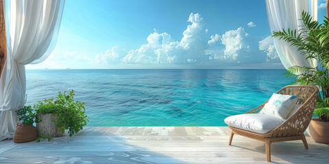Wall Mural - On a relaxing lounge patio overlooking a picturesque seascape, wicker chairs invite seaside serenity.