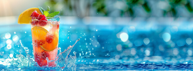 summer cocktails by the pool. sunny day, splashes, tropical fruits. Blurred background with copy space	