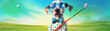 Cartoonstyle illustration of a dog wearing glasses and a suit, playing golf, vibrant and colorful background, fun concept