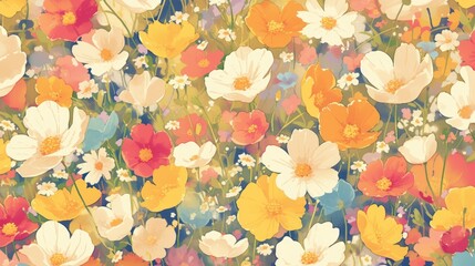 Wall Mural - a delightful floral pattern creating a mesmerizing backdrop of endless blooming flowers in 2d format