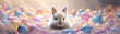 Fluffy rabbit sitting snugly in an oversized eggshell, pastel Easter eggs scattered around, joyful holiday concept