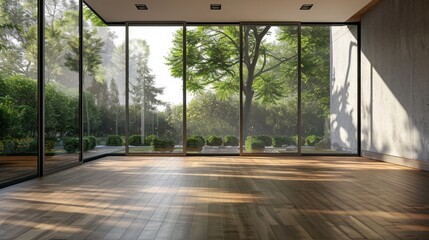A large room with a view of trees and a garden. The room is empty and has a lot of natural light coming in through the windows