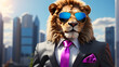 Lion with aviator sunglasses wearing a business suit against the backdrop of a big city view, city jungle