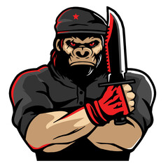 Wall Mural - Military angry gorilla guerrilla with dagger, vector, logo, cartoon, illustration, mascot, character