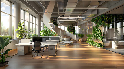 Wall Mural - A 3D simulation of a progressive open office interior with a fascinating spiral design and gray furniture. The space has window frames. bamboo floors