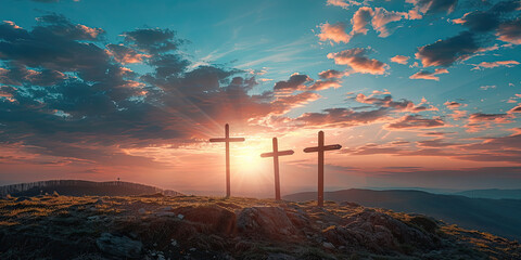 Wall Mural - Three crosses on the top of the mountain at sunrise