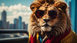 A Lion wearing sunglasses and a leather jacket looking with dignity at the backdrop of a big city view, a cityscape of city jungle