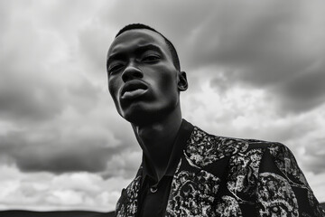 Wall Mural - A black male model in distinctive luxury attire poses against the stark contrast of somber black sand dunes