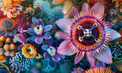 Capture the ethereal beauty of exquisite floral rarities from a birds-eye view using vibrant watercolors and intricate pen and ink details