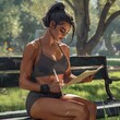 A toned woman in a form-fitting training outfit, sketching in a notebook on a park bench. 