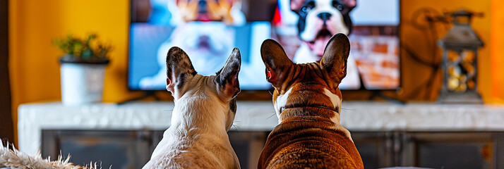 Poster - Back view of dogs watching TV in living room.