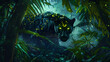 A black panther with glowing green and yellow spots stalking in the dense jungle. surrounded by tropical plants illuminated from above.