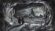 A charming charcoal drawing of the astute wizard and his imp buddy. nestled in a cave overlooking an eternal desert sprinkled with meteor showers