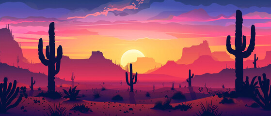 silhouettes of tall cacti standing in a desert landscape against a clear blue sky.