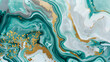A closeup of an abstract marble pattern. with swirling colors in shades of teal and gold. The background is white