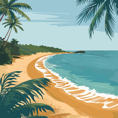 Wall Mural - A beach scene with palm trees and a blue ocean