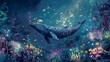 A gentle illustration of a miniature whale swimming through a magical underwater garden surrounded by luminescent plants and tiny sea creatures