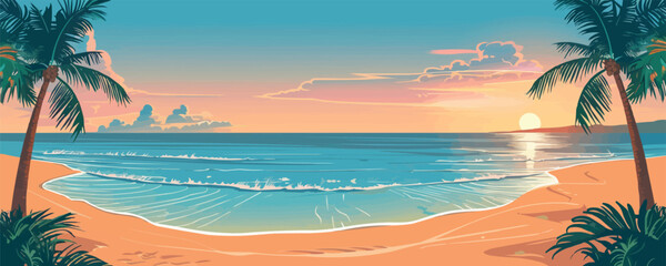 Wall Mural - Beach with palm trees, soft sand, and warm azure water. Vector flat minimalistic isolated illustration.