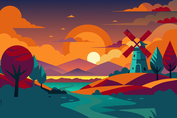 Poster - Scenic Sunset Landscape with Windmill and Rolling Hills Vector Illustration