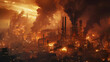 A colossal steel corporations smelting site is aflame. with billows of smoke and infernos surging from the terrain. The twilight firmament overhead exhibits fierce blasts in a factory environment. 