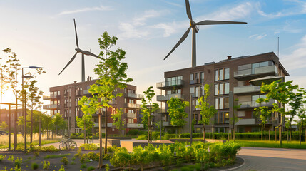 A contemporary apartment building with wind turbines. representing renewable energy and eco-friendly lifestyle in Sweden. The image is captured from the street