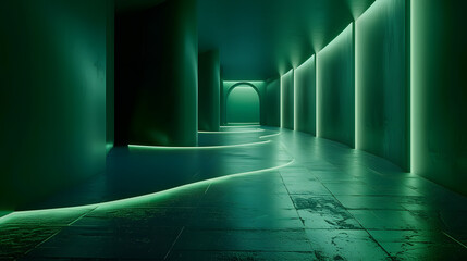Wall Mural - A corridor with glowing floor tiles. winding like a hilly pathway. The backdrop is pitch black. 
