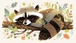 A charming American raccoon cartoon character is depicted snoozing on a tree in this delightful flat 2d illustration set against a white background The lovable raccoon is also shown on a de