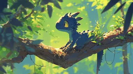 Wall Mural - A charming cartoon of a tiny dinosaur perched elegantly