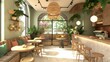 Tropical cafe corner with rattan furniture and lush greenery in a light-filled space