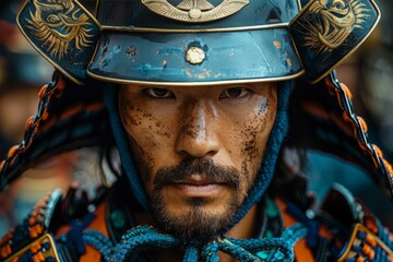 A portrait of a samurai warrior wearing detailed traditional armor with a fierce expression