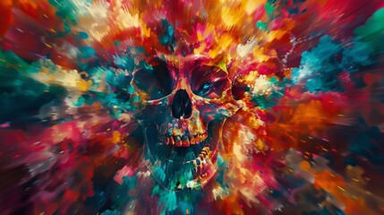 Aufkleber - Explosive Color Burst Skull Digital Artwork