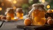 Jar of homemade apricot jam with fresh apricots, isolated on a white backdrop with soft bokeh lights