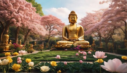 Wall Mural - spring garden with giant gold buddha statue from Generative AI