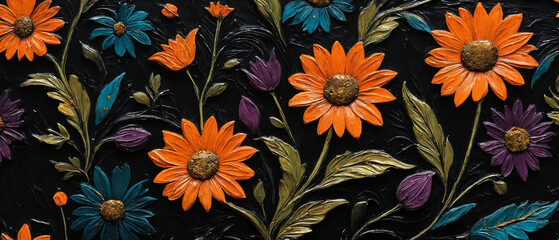 Sticker - Closeup painting of a nightly field full of orange and red flowers, gerbera