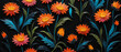 Closeup painting of a nightly field full of orange and red flowers, gerbera