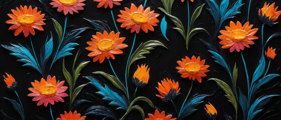 Poster - Closeup painting of a nightly field full of orange and red flowers, gerbera