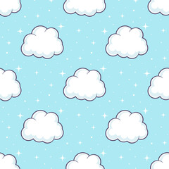 Wall Mural - White cartoon clouds on blue background. Vector seamless pattern.