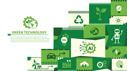 Wall Mural - The Concept of AI, Artificial Intelligence and Green Technology For Sustainability Development. Ecology Icons, Environment Vector, Eco Friendly and Green Economy. Flat Doodle Template Design.