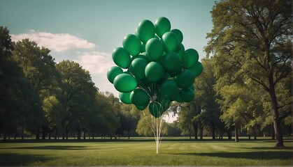 Canvas Print - green balloons on park with giant gold buddha statue from Generative AI