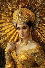 Wall Mural - A striking professional photograph showcasing a woman adorned in a majestic Thai golden ensemble.