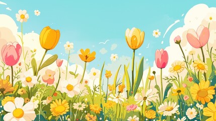 Sticker - A charming border of cartoon flowers pops against the lush green grass featuring delightful pink tulips dainty chamomile and cheerful yellow buds set against a backdrop of a spring scene wit