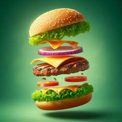 Wall Mural - Creation of a hamburger, with stacked ingredients in diagrammatic form, against green background
