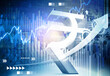 Indina rupee symbol with arrow graph on stock market background. 3d illustration.