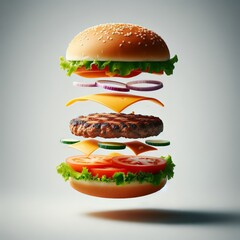 Wall Mural - Creation of a hamburger, with stacked ingredients in diagrammatic form, against a white background
