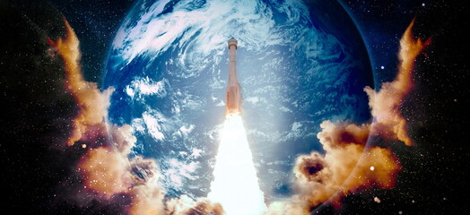Wall Mural - rockets launch into space on the starry sky. spacecraft flies into space with clouds of smoke. eleme