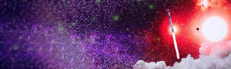 Wall Mural - dark space shuttle launch in the clouds with stars on background.spaceship flight. elements of this 