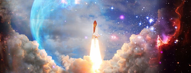 Wall Mural - rockets launch into space on the starry sky. spacecraft flies into space with clouds of smoke. eleme