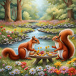 a family of squirrels picnicking by a stream filled with vividly colored wildflowers