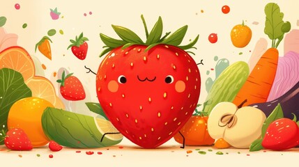 A whimsical strawberry character with adorable eyes is featured in a children s coloring book surrounded by a variety of fruits and vegetables