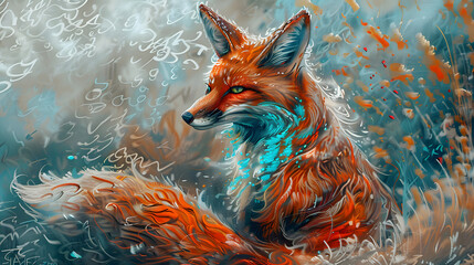 Wall Mural - A crimson fox with shimmering turquoise frost patterns on its coat. bright eyes and bushy tail